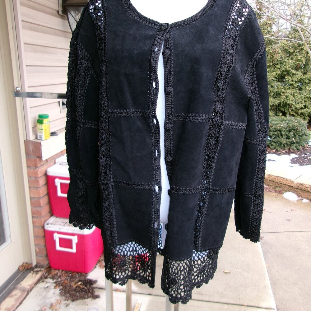 NWT S.M.H. BLACK LEATHER& CROCHETED JACKET L